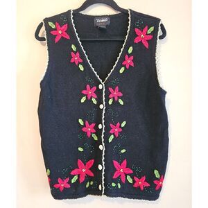 Vintage Designer Originals Studio Vest Womens Medium Black ,Poinsettia xmas